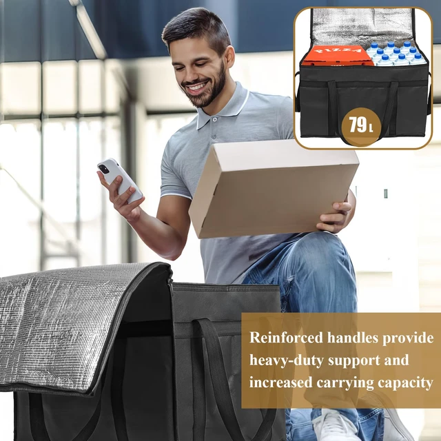 Alt view image 4 of 7 - 2 Pack Insulated Food Delivery Bag, XXXL Catering Bag for Keep Food Warming Large Capacity & Collapsible, Black Pizza Cooler Bags for Grocery Shopping, Picnics, Takeout, Camping