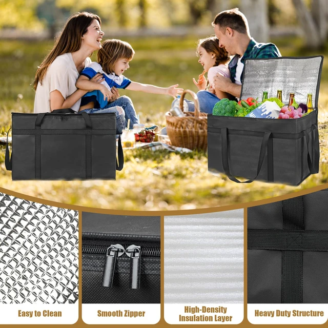 Alt view image 6 of 7 - 2 Pack Insulated Food Delivery Bag, XXXL Catering Bag for Keep Food Warming Large Capacity & Collapsible, Black Pizza Cooler Bags for Grocery Shopping, Picnics, Takeout, Camping