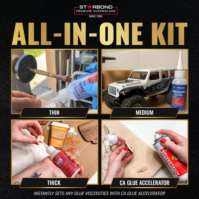 Alt view image 4 of 7 - CA Glue with Activator Kit Thin, Medium & Thick 2 oz Bottles with 6 oz Accelerator Premium Cyanoacrylate Super Glue Bundle for Woodworking, Woodturning, Hobby Models Crafts & 3D Printing