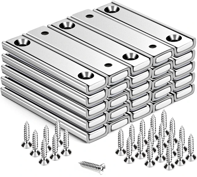 Main image of Bar Magnets, 80Lbs 25 Pack Countersunk Hole Magnet with Screw Silver,Heavy Duty Rare Earth,Neodymium,Rectangular,for Mounting, Door, Garage, Workplace(60 x 13.5 x 5mm)