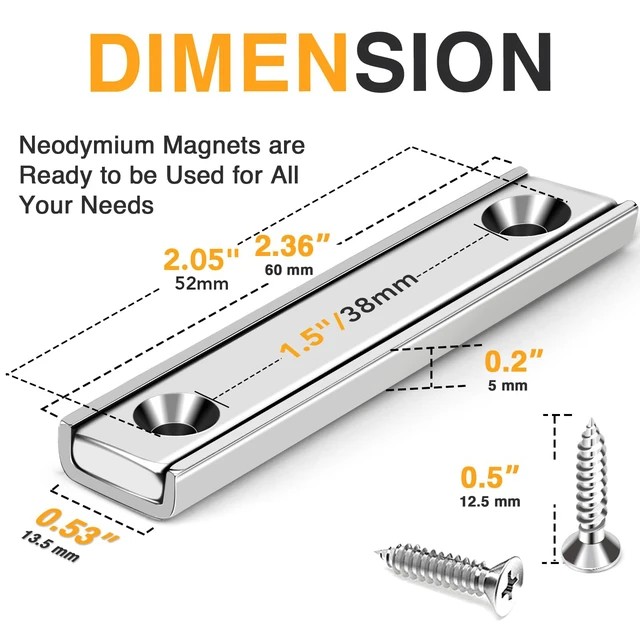 Alt view image 2 of 7 - Bar Magnets, 80Lbs 15 Pack Countersunk Hole Magnet with Screw Silver,Heavy Duty Rare Earth,Neodymium,Rectangular,for Mounting, Door, Garage, Workplace(60 x 13.5 x 5mm)