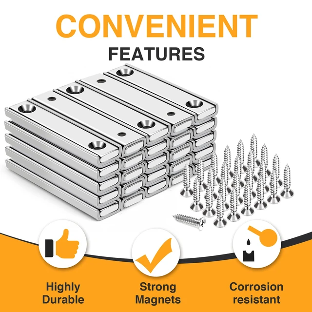 Alt view image 4 of 7 - Bar Magnets, 80Lbs 25 Pack Countersunk Hole Magnet with Screw Silver,Heavy Duty Rare Earth,Neodymium,Rectangular,for Mounting, Door, Garage, Workplace(60 x 13.5 x 5mm)