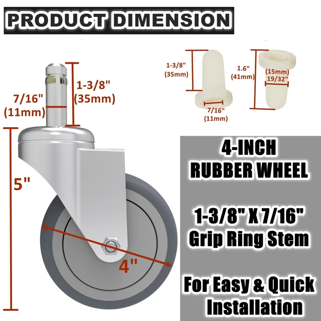 Alt view image 2 of 7 - 4-Inch Swivel Stem Caster, 7/16-Inch Stem Diameter Rubber Wheel, Heavy Duty TPR Replacement Wheels for Rubbermaid Mop Bucket Cart Grill Casters - 8 Pack
