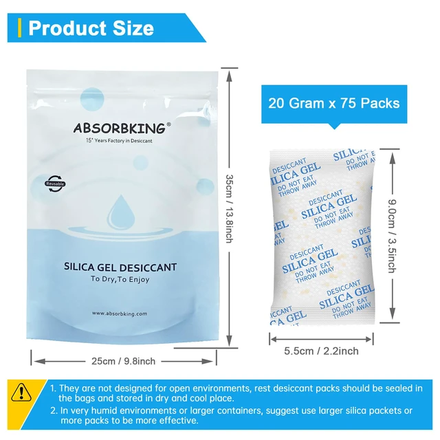 Alt view image 3 of 7 - Silica Gel Packets 20 Gram 75 Packs Food Grade Moisture Absorbers with Color Indicating, Desiccant Packs for Storage, Reusable Desiccant for Foods, Storage Bins, 3D Filaments, Electronics, Safes