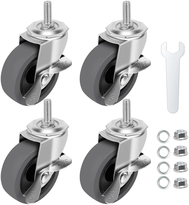 Main image of Caster Wheels, 3" Locking Swivel Threaded Stem Casters Set of 4 3/8"-16 x 1" (Screw Diameter 3/8", Length 1")Rubber Casters with 360 Degree No Noise Wheels for Furniture and Workbench