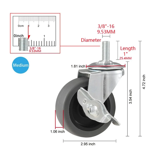 Alt view image 2 of 7 - Caster Wheels, 3" Locking Swivel Threaded Stem Casters Set of 4 3/8"-16 x 1" (Screw Diameter 3/8", Length 1")Rubber Casters with 360 Degree No Noise Wheels for Furniture and Workbench