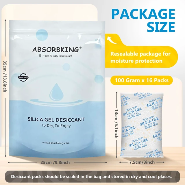 Alt view image 5 of 7 - Moisture Absorbers 100 Gram 16 Packs Silica Gel Packets Food Grade Silica Packets with Color Indicating, Premium Desiccant Packs for Food, Electronics, Closet, Jewelry and Safe Storage