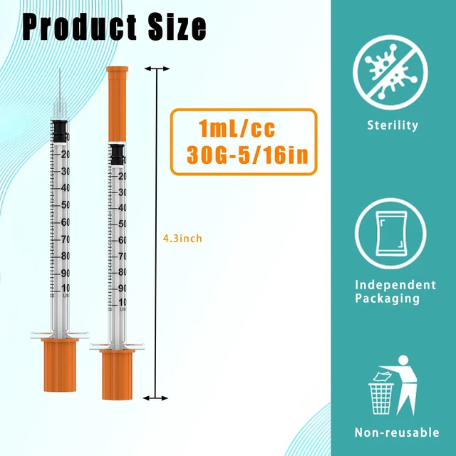 Alt view image 2 of 6 - 1ml/cc Disposable Syringe with 30Ga 5/16" (8mm) Needle,(100 Pack) Individually Wrapped| Lab Supplies