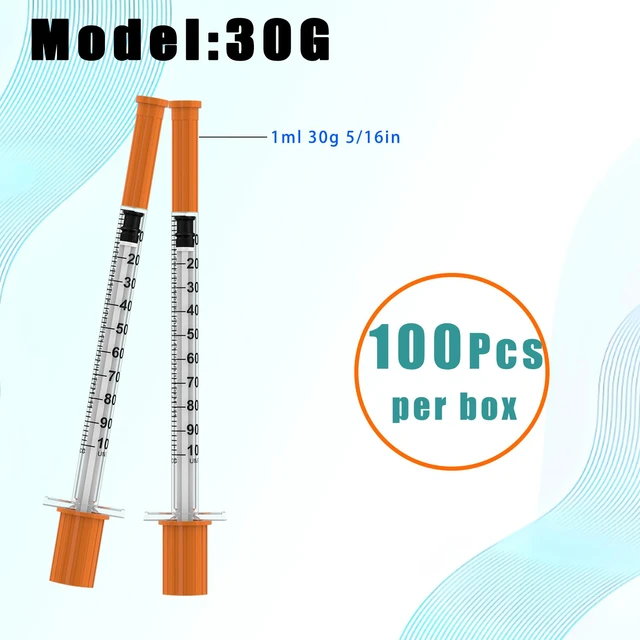 Alt view image 4 of 6 - 1ml/cc Disposable Syringe with 30Ga 5/16" (8mm) Needle,(100 Pack) Individually Wrapped| Lab Supplies