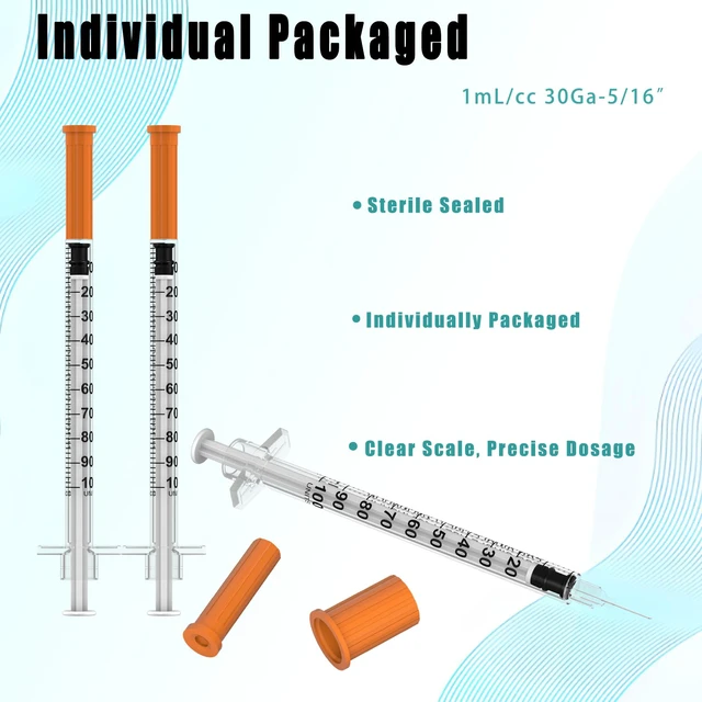 Alt view image 5 of 6 - 1ml/cc Disposable Syringe with 30Ga 5/16" (8mm) Needle,(100 Pack) Individually Wrapped| Lab Supplies