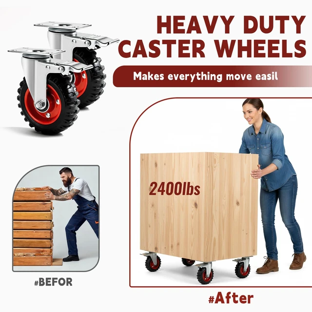 Alt view image 2 of 7 - 5 Inch Caster Wheels Heavy Duty, Casters Set of 4 Safety Dual Locking Rubber Wheels, Heavy Duty - 2400 Lbs Capacity for Workbench, Cart Wheels, Furniture, Swivel Plate Castors with mounting Hardware