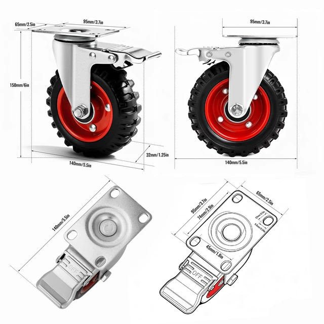 Alt view image 6 of 7 - 5 Inch Caster Wheels Heavy Duty, Casters Set of 4 Safety Dual Locking Rubber Wheels, Heavy Duty - 2400 Lbs Capacity for Workbench, Cart Wheels, Furniture, Swivel Plate Castors with mounting Hardware
