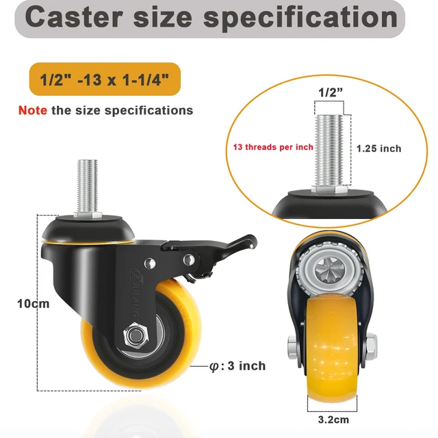 Alt view image 3 of 7 - 3 Inch Stem Caster Wheels 1/2" Threaded Casters Set of 4 Heavy Duty 800 Lbs, 1/2"-13, Smooth & Quiet-Rolling, Castor Wheels for Wire Shelving, Cart, Tool Box, Workbenche, Furniture