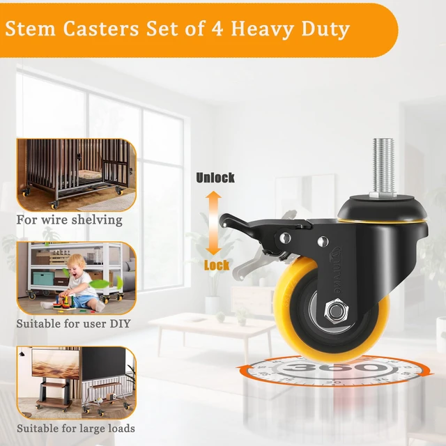 Alt view image 6 of 7 - 3 Inch Stem Caster Wheels 3/8 Threaded Casters Set of 4 Heavy Duty 800 Lbs, 3/8"-16, Smooth & Quiet-Rolling, Castor Wheels for Wire Shelving, Cart, Tool Box, Workbenche, Furniture