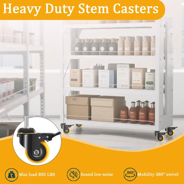 Alt view image 3 of 7 - 3 Inch Stem Caster Wheels 3/8 Threaded Casters Set of 4 Heavy Duty 800 Lbs, 3/8"-16, Smooth & Quiet-Rolling, Castor Wheels for Wire Shelving, Cart, Tool Box, Workbenche, Furniture