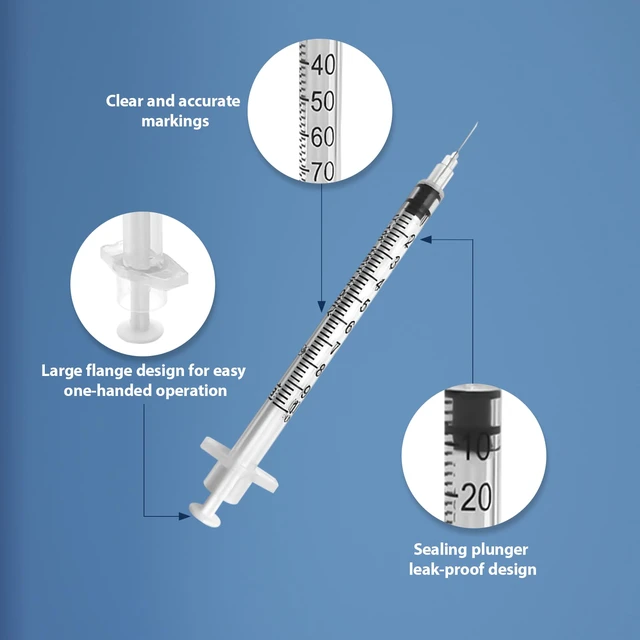 Alt view image 3 of 7 - 100 Pack U-100 Syringes with Needle, 1ml 31G 5/16" 8mm Syringe Individually Sealed Packaging, Leak-Proof Design, Easy-to-Read, Precise Markings