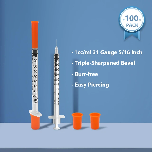 Alt view image 2 of 7 - 100 Pack U-100 Syringes with Needle, 1ml 31G 5/16" 8mm Syringe Individually Sealed Packaging, Leak-Proof Design, Easy-to-Read, Precise Markings
