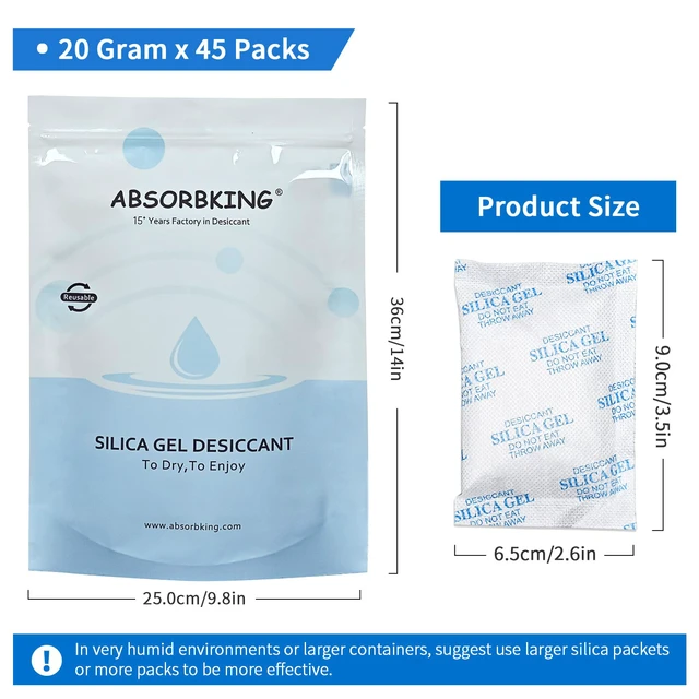 Alt view image 2 of 7 - Silica Gel Packets, 20 Gram 45 Packs Food Safe Moisture Absorbers, Desiccant Packs for Storage, Reusable Desiccant for Foods, Storage Bins, 3D Filaments, Electronics, Safes