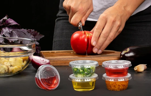 Alt view image 5 of 7 - Clear Disposable Plastic Portion Cups with Leakproof Lids | Jello Shot & Condiment Cups | 3.25 OZ, 100 Sets | BPA Free & Recyclable