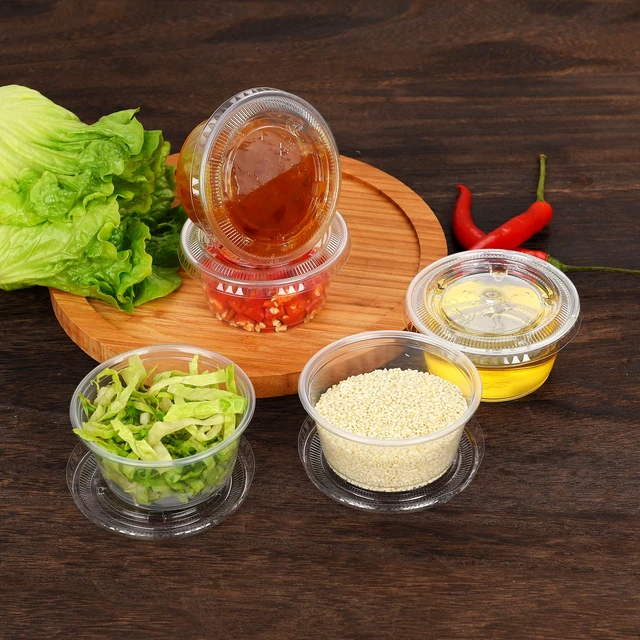 Alt view image 6 of 7 - Clear Disposable Plastic Portion Cups with Leakproof Lids | Jello Shot & Condiment Cups | 3.25 OZ, 100 Sets | BPA Free & Recyclable