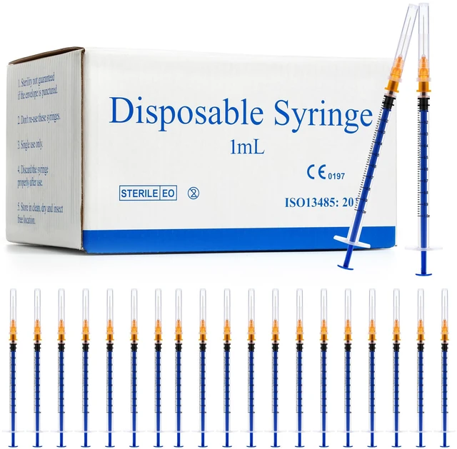 Main image of 100 Pack 1ml Syringes with Needle - 25G 1 inch Disposable 1cc Syringe for Scientific Lab Use, Sterile Individually Wrapped