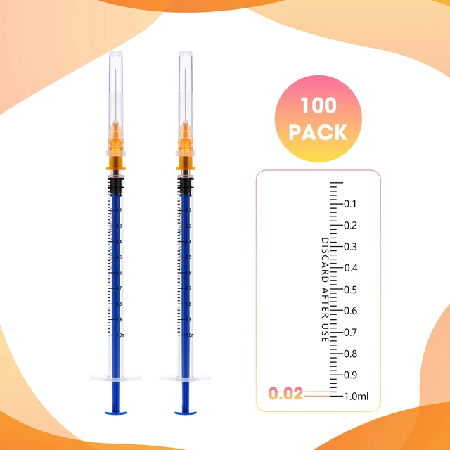 Alt view image 3 of 6 - 100 Pack 1ml Syringes with Needle - 25G 1 inch Disposable 1cc Syringe for Scientific Lab Use, Sterile Individually Wrapped