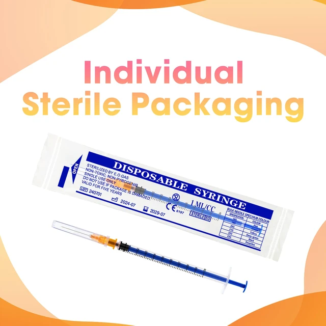 Alt view image 6 of 6 - 100 Pack 1ml Syringes with Needle - 25G 1 inch Disposable 1cc Syringe for Scientific Lab Use, Sterile Individually Wrapped