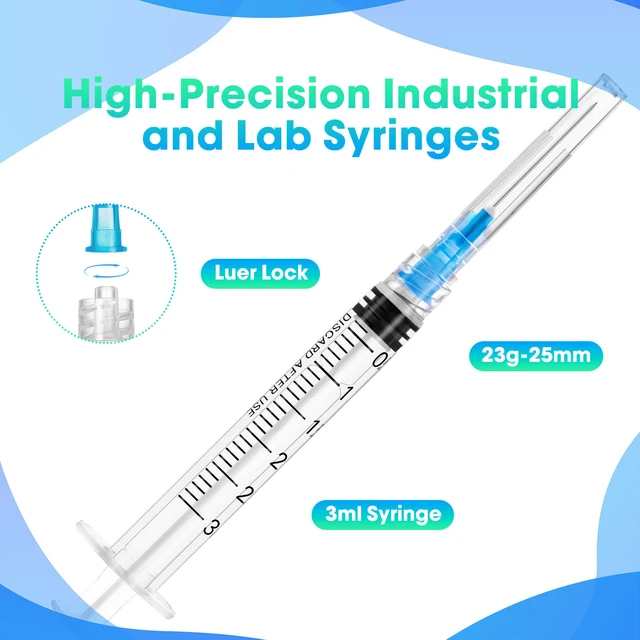 Alt view image 2 of 6 - 100 Pack 3ml Syringes with Needle - 23G 1 inch Disposable 3cc Luer Lock Syringe for Scientific Lab Use, Sterile Individually Wrapped
