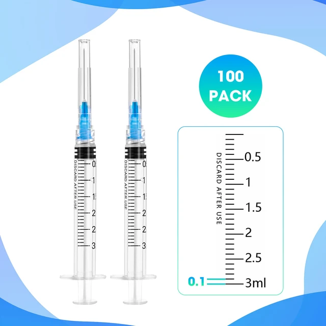 Alt view image 3 of 6 - 100 Pack 3ml Syringes with Needle - 23G 1 inch Disposable 3cc Luer Lock Syringe for Scientific Lab Use, Sterile Individually Wrapped