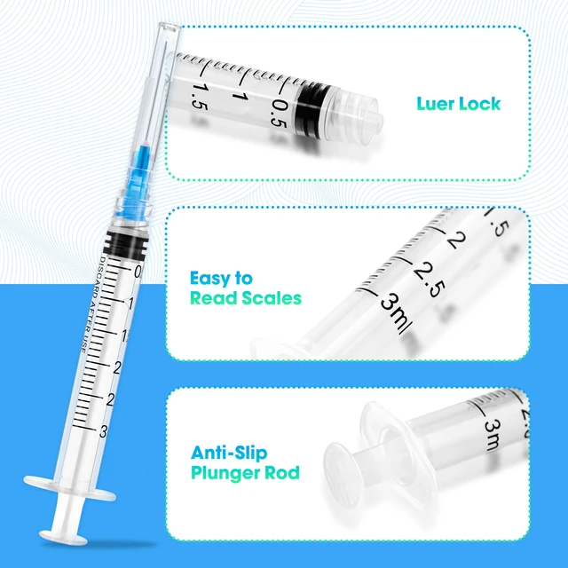 Alt view image 4 of 6 - 100 Pack 3ml Syringes with Needle - 23G 1 inch Disposable 3cc Luer Lock Syringe for Scientific Lab Use, Sterile Individually Wrapped