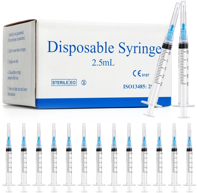 Main image of 100 Pack 2.5ml Syringes with Needle - 23G 1 inch Disposable 2.5cc Luer Lock Syringe for Scientific Lab Use, Sterile Individually Wrapped