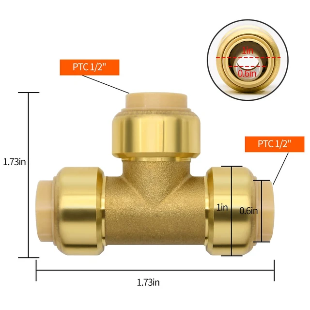 Alt view image 2 of 7 - 6 Pack 1/2" Pushfit Tee Fittings with Disconnect Clip for Copper, PEX, CPVC Pipe
