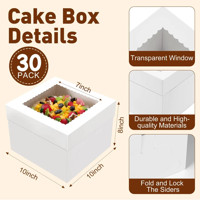 Alt view image 2 of 7 - 30 Pack Cake Boxes 10 inch, Cake Transport Container, 10x10x8 In Tall Cake Box with Clear Window, Thick Cardboard, Cake Carrier Holder for Cake Pie Cupcakes Pastry Baked Goods