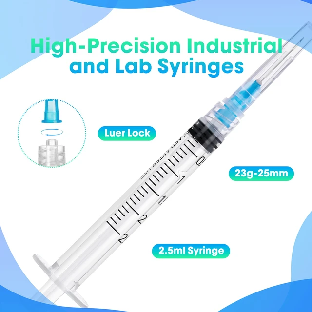 Alt view image 2 of 6 - 100 Pack 2.5ml Syringes with Needle - 23G 1 inch Disposable 2.5cc Luer Lock Syringe for Scientific Lab Use, Sterile Individually Wrapped