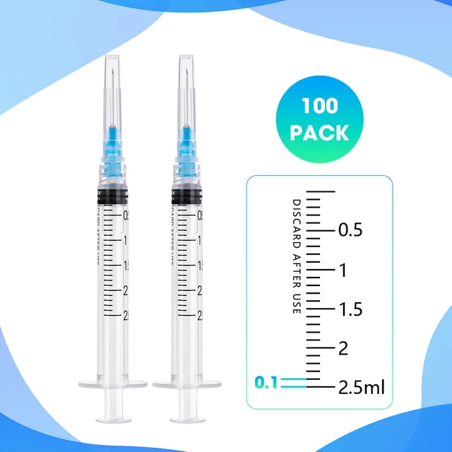 Alt view image 3 of 6 - 100 Pack 2.5ml Syringes with Needle - 23G 1 inch Disposable 2.5cc Luer Lock Syringe for Scientific Lab Use, Sterile Individually Wrapped