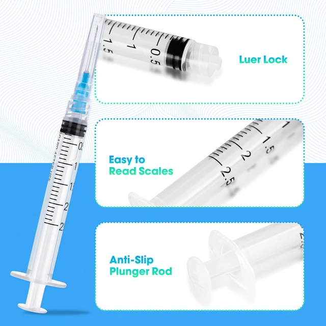 Alt view image 4 of 6 - 100 Pack 2.5ml Syringes with Needle - 23G 1 inch Disposable 2.5cc Luer Lock Syringe for Scientific Lab Use, Sterile Individually Wrapped