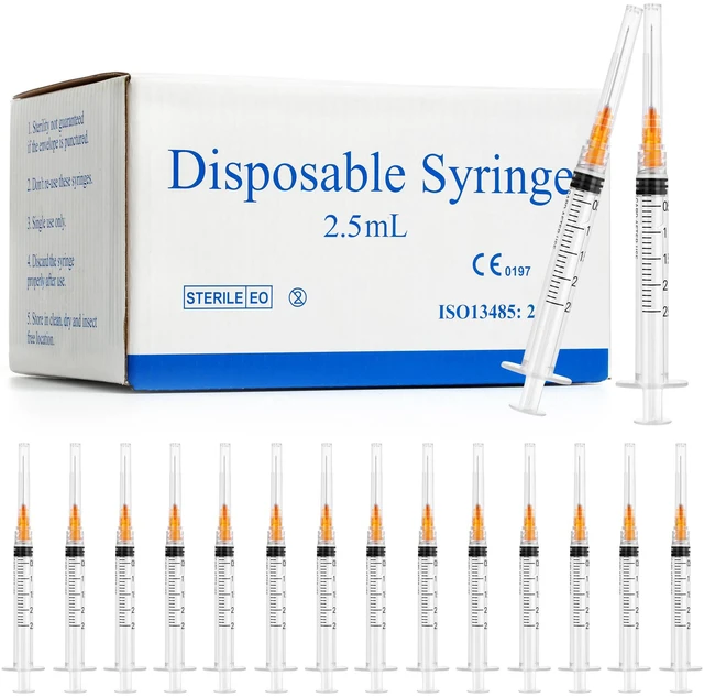 Main image of 100 Pack 2.5ml Syringes with Needle - 25G 1 inch Disposable 2.5cc Luer Lock Syringe for Scientific Lab Use, Sterile Individually Wrapped