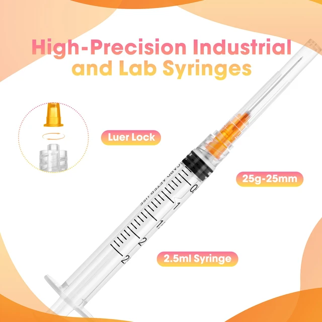 Alt view image 2 of 6 - 100 Pack 2.5ml Syringes with Needle - 25G 1 inch Disposable 2.5cc Luer Lock Syringe for Scientific Lab Use, Sterile Individually Wrapped