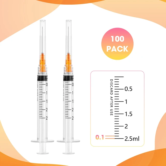 Alt view image 3 of 6 - 100 Pack 2.5ml Syringes with Needle - 25G 1 inch Disposable 2.5cc Luer Lock Syringe for Scientific Lab Use, Sterile Individually Wrapped