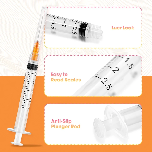 Alt view image 4 of 6 - 100 Pack 2.5ml Syringes with Needle - 25G 1 inch Disposable 2.5cc Luer Lock Syringe for Scientific Lab Use, Sterile Individually Wrapped
