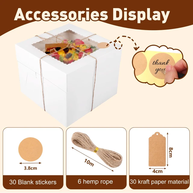 Alt view image 3 of 7 - 30 Pack Cake Boxes 10 inch, Cake Transport Container, 10x10x8 In Tall Cake Box with Clear Window, Thick Cardboard, Cake Carrier Holder for Cake Pie Cupcakes Pastry Baked Goods