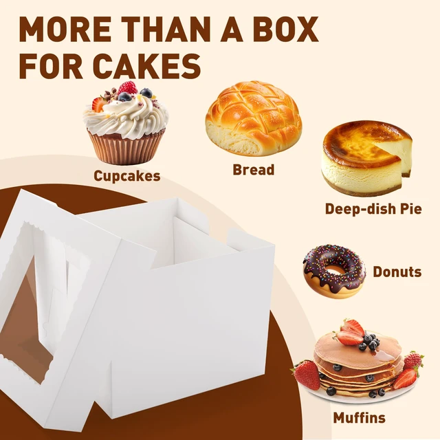 Alt view image 4 of 7 - 30 Pack Cake Boxes 10 inch, Cake Transport Container, 10x10x8 In Tall Cake Box with Clear Window, Thick Cardboard, Cake Carrier Holder for Cake Pie Cupcakes Pastry Baked Goods