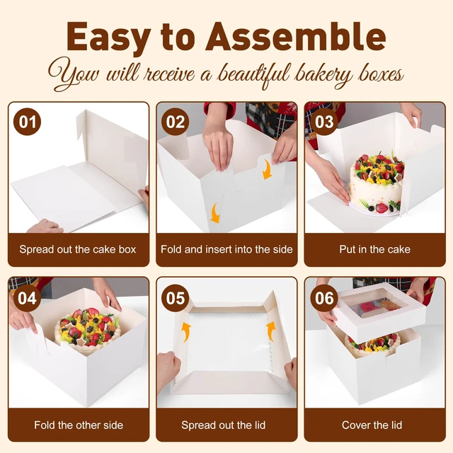 Alt view image 5 of 7 - 30 Pack Cake Boxes 10 inch, Cake Transport Container, 10x10x8 In Tall Cake Box with Clear Window, Thick Cardboard, Cake Carrier Holder for Cake Pie Cupcakes Pastry Baked Goods