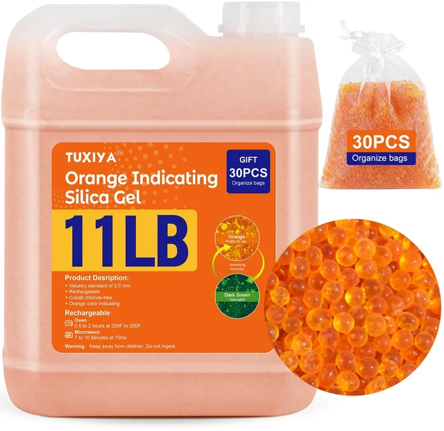 Main image of 11 LBS Orange Indicating Silica Gel Desiccant Beads Reusable Industry Standard 3-5 mm, Rechargeable Silica Gel Beads for 3D Filament, Electronic, Camera, Jewelry 30PCS Organza Bag