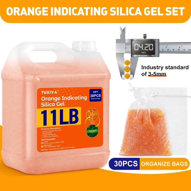 Alt view image 2 of 7 - 11 LBS Orange Indicating Silica Gel Desiccant Beads Reusable Industry Standard 3-5 mm, Rechargeable Silica Gel Beads for 3D Filament, Electronic, Camera, Jewelry 30PCS Organza Bag