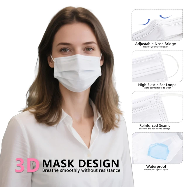 Alt view image 2 of 7 - 100Pcs Disposable Face Masks, White Face Mask, 3 Ply Disposable Mask Breathable Mask with Elastic Ear Loops for Adults, Great for Outdoors, Home, Office, School