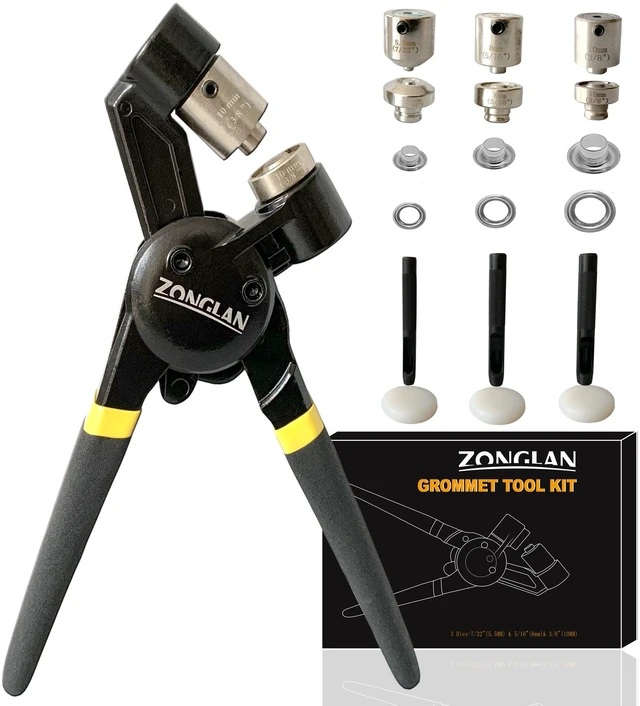 Main image of Grommet Tool Kit, Eyelet Tool Multi-Purpose Handheld Manual Hole Punch Rivet Press Plier Crimper 3 Interchangeable Dies with 900 Set 7/32" 5/16" 3/8" Metal Grommets Washers