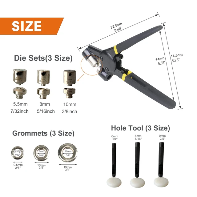 Alt view image 2 of 7 - Grommet Tool Kit, Eyelet Tool Multi-Purpose Handheld Manual Hole Punch Rivet Press Plier Crimper 3 Interchangeable Dies with 900 Set 7/32" 5/16" 3/8" Metal Grommets Washers