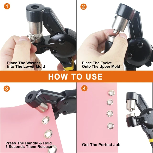 Alt view image 4 of 7 - Grommet Tool Kit, Eyelet Tool Multi-Purpose Handheld Manual Hole Punch Rivet Press Plier Crimper 3 Interchangeable Dies with 900 Set 7/32" 5/16" 3/8" Metal Grommets Washers