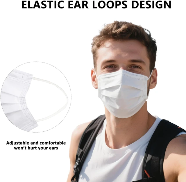 Alt view image 4 of 7 - 100Pcs Disposable Face Masks, White Face Mask, 3 Ply Disposable Mask Breathable Mask with Elastic Ear Loops for Adults, Great for Outdoors, Home, Office, School